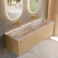 KURVE-DLUX 140cm mueble de baño color Oak con 2 cajones y sin puerta. Lavabo STOR SMALL Doble sin orificio Nata.