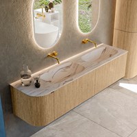 KURVE-DLUX 175cm badmeubel ronding Links kleur Oak met 2 lades en 1 deur. Wastafel STOR SMALL Dubbel / Rechts zonder kraangat Nata.