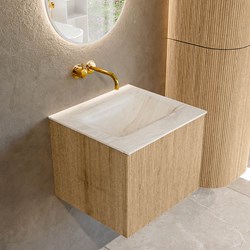 KURVE-DLUX 50cm mobili da bagno colore Oak con 1 cassetto e 0 porte. Lavabo GRUNNE Centro senza foro per il rubinetto, colore Ostra.