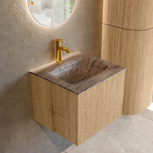 KURVE-DLUX 50cm bathroom vanity set color Oak with 1 drawer and 0 doors. Vanity top GRUNNE Center 1 tab hole, color Oza.