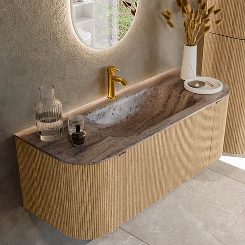 KURVE-DLUX 120cm mobili da bagno curva Sinistra + Destra colore Oak con 1 cassetto e 2 porte. Lavabo BIG SMALL Centro 1 foro per rubinetto, colore Oza.