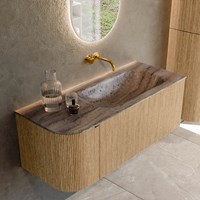KURVE-DLUX 115cm bathroom vanity set curve Left color Oak with 1 drawer and 1 door. Vanity top BIG SMALL Right without tab hole, color Oza.