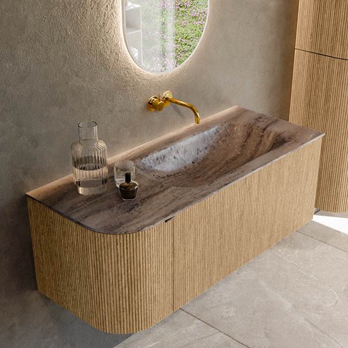 KURVE-DLUX 115cm bathroom vanity set curve Left color Oak with 1 drawer and 1 door. Vanity top BIG SMALL Right without tab hole, color Oza.