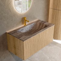 KURVE-DLUX 90cm badmeubel kleur Oak met 1 lade en 0 deuren. Wastafel BIG SMALL Midden 1 kraangat Oza.