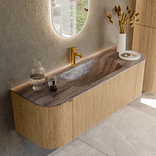 KURVE-DLUX 140cm badmöbel kurve Links + Rechts farbe Oak mit 1 schublade und 2 türen. Einbauwaschbecken BIG SMALL Mittig 1 hahnloch Oza.