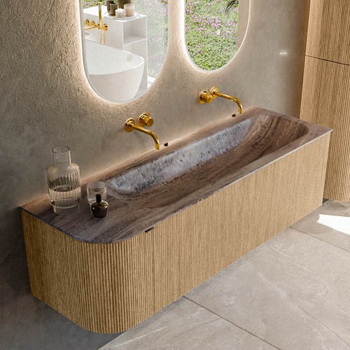 KURVE-DLUX 145cm mobili da bagno curva Sinistra colore Oak con 1 cassetto e 1 porta. Lavabo BIG LARGE Destra senza foro per il rubinetto, colore Oza.