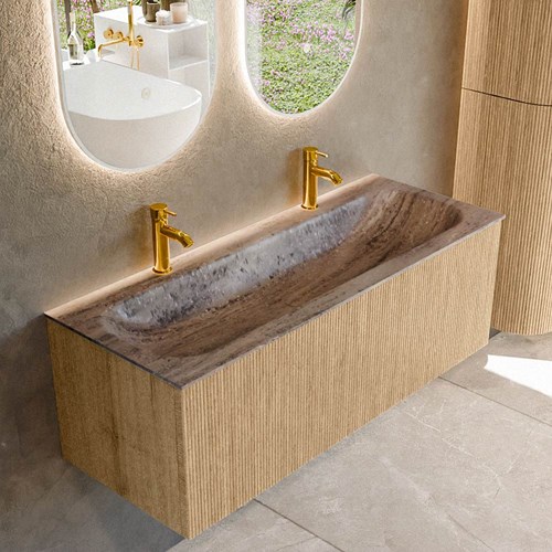 KURVE-DLUX 120cm bathroom vanity set color Oak with 1 drawer and 0 doors. Vanity top BIG LARGE Center 2 tab holes, color Oza.