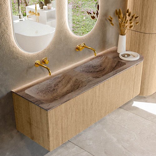 KURVE-DLUX 145cm mueble de baño curva Derecha color Oak con 1 cajón y 1 puerta. Lavabo LEAF Doble / Izquierda sin orificio Oza.