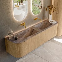 KURVE-DLUX 170cm mobili da bagno curva Sinistra + Destra colore Oak con 1 cassetto e 2 porte. Lavabo LEAF Doppio senza foro per il rubinetto, colore Oza.
