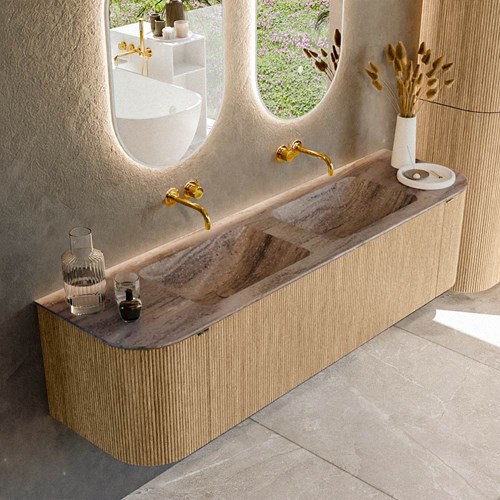 KURVE-DLUX 170cm mobili da bagno curva Sinistra + Destra colore Oak con 1 cassetto e 2 porte. Lavabo LEAF Doppio senza foro per il rubinetto, colore Oza.