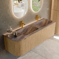 KURVE-DLUX 145cm badmöbel kurve Links farbe Oak mit 1 schublade und 1 tür. Einbauwaschbecken LEAF Doppelt / Rechts 2 hahnlöcher Oza.