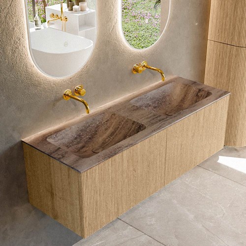 KURVE-DLUX 130cm badmeubel kleur Oak met 2 lades en 0 deuren. Wastafel LEAF Dubbel zonder kraangat Oza.