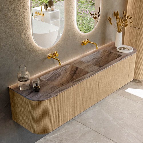 KURVE-DLUX 180cm mueble de baño curva Izquierda + Derecha color Oak con 2 cajones y 2 puertas. Lavabo LEAF Doble sin orificio Oza.