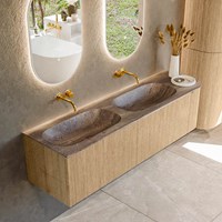 KURVE-DLUX 165cm mueble de baño curva Derecha color Oak con 2 cajones y 1 puerta. Lavabo STOR SMALL Doble / Izquierda sin orificio Oza.