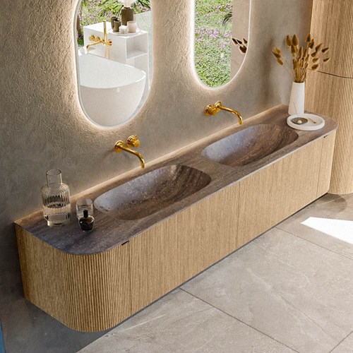 KURVE-DLUX 200cm mueble de baño curva Izquierda + Derecha color Oak con 2 cajones y 2 puertas. Lavabo STOR SMALL Doble sin orificio Oza.