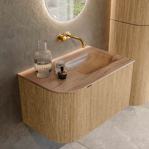 KURVE-DLUX 75cm badmeubel ronding Links kleur Oak met 1 lade en 1 deur. Wastafel GRUNNE Rechts zonder kraangat Saba.