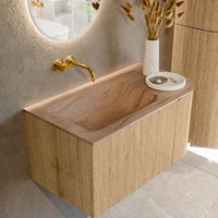 KURVE-DLUX 85cm badmeubel ronding Rechts kleur Oak met 1 lade en 1 deur. Wastafel CLOUD Links zonder kraangat Saba.