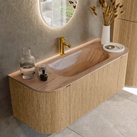 KURVE-DLUX 120cm meubles de salle de bains courbe Gauche + Droite couleur Oak avec 1 tiroir et 2 portes. Lavabo BIG SMALL Centrée 1 trou pour robinetter, couleur Saba.