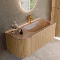 KURVE-DLUX 105cm badmeubel ronding Links kleur Oak met 1 lade en 1 deur. Wastafel BIG SMALL Rechts 1 kraangat Saba.