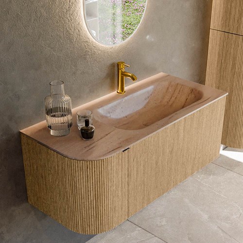 KURVE-DLUX 105cm badmeubel ronding Links kleur Oak met 1 lade en 1 deur. Wastafel BIG SMALL Rechts 1 kraangat Saba.