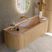 KURVE-DLUX 140cm meubles de salle de bains courbe Gauche + Droite couleur Oak avec 1 tiroir et 2 portes. Lavabo BIG SMALL Centrée sans trou pour robinet, couleur Saba.