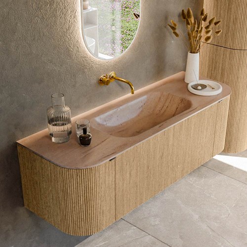KURVE-DLUX 140cm meubles de salle de bains courbe Gauche + Droite couleur Oak avec 1 tiroir et 2 portes. Lavabo BIG SMALL Centrée sans trou pour robinet, couleur Saba.