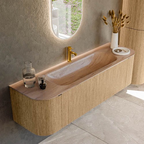 KURVE-DLUX 160cm badmöbel kurve Links + Rechts farbe Oak mit 1 schublade und 2 türen. Einbauwaschbecken BIG MEDIUM Mittig 1 hahnloch Saba.