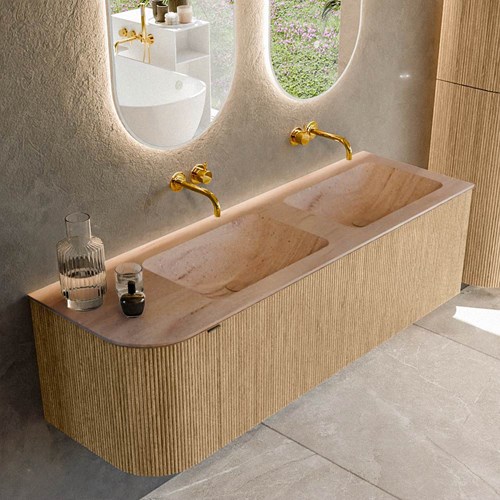 KURVE-DLUX 145cm mueble de baño curva Izquierda color Oak con 1 cajón y 1 puerta. Lavabo LEAF Doble / Derecho sin orificio Saba.
