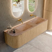 KURVE-DLUX 155cm badmöbel kurve Links farbe Oak mit 2 schubladen und 1 tür. Einbauwaschbecken LEAF Doppelt / Rechts kein hahnloch Saba.