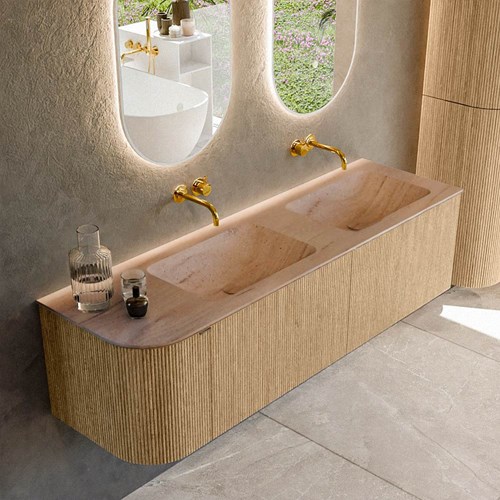 KURVE-DLUX 155cm badmöbel kurve Links farbe Oak mit 2 schubladen und 1 tür. Einbauwaschbecken LEAF Doppelt / Rechts kein hahnloch Saba.