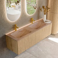 KURVE-DLUX 155cm mueble de baño curva Derecha color Oak con 2 cajones y 1 puerta. Lavabo LEAF Doble / Izquierda 2 orificios Saba.