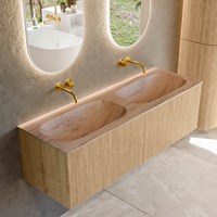 KURVE-DLUX 140cm bathroom vanity set color Oak with 2 drawers and 0 doors. Vanity top STOR SMALL Double without tab hole, color Saba.