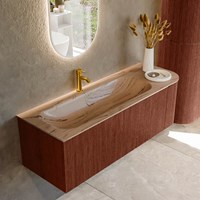 KURVE-DLUX 135cm meubles de salle de bains courbe Droite couleur Ruby avec 1 tiroir et 1 porte. Lavabo BIG MEDIUM Gauche 1 trou pour robinetter, couleur Arena.