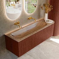 KURVE-DLUX 145cm badmeubel ronding Rechts kleur Ruby met 1 lade en 1 deur. Wastafel BIG LARGE Links zonder kraangat Arena.