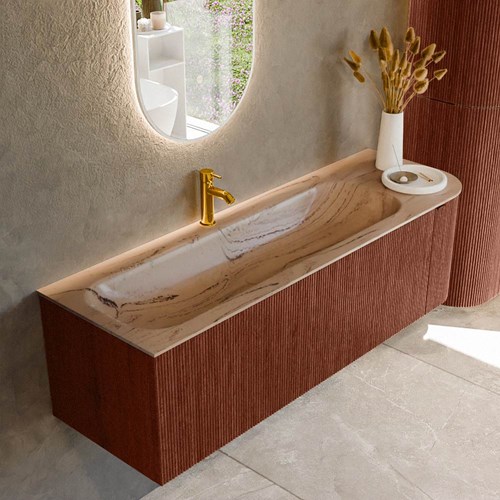 KURVE-DLUX 145cm meubles de salle de bains courbe Droite couleur Ruby avec 1 tiroir et 1 porte. Lavabo BIG LARGE Gauche 1 trou pour robinetter, couleur Arena.
