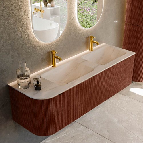 KURVE-DLUX 145cm meubles de salle de bains courbe Gauche couleur Ruby avec 1 tiroir et 1 porte. Lavabo LEAF Double / Droite 2 trous robinetterie, couleur Meli.