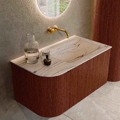 KURVE-DLUX 85cm badmöbel kurve Links farbe Ruby mit 1 schublade und 1 tür. Einbauwaschbecken CLOUD Rechts kein hahnloch Nata.