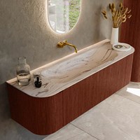 KURVE-DLUX 150cm mueble de baño curva Izquierda + Derecha color Ruby con 1 cajón y 2 puertas. Lavabo BIG MEDIUM Centro sin orificio Nata.