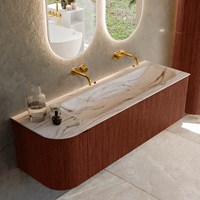 KURVE-DLUX 145cm mobili da bagno curva Sinistra colore Ruby con 1 cassetto e 1 porta. Lavabo BIG LARGE Destra senza foro per il rubinetto, colore Nata.