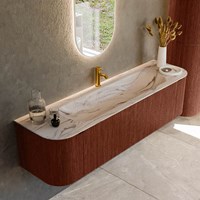 KURVE-DLUX 170cm mueble de baño curva Izquierda + Derecha color Ruby con 1 cajón y 2 puertas. Lavabo BIG LARGE Centro 1 orificio Nata.