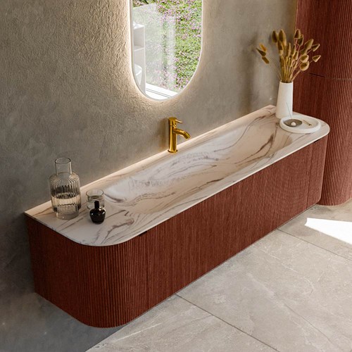 KURVE-DLUX 170cm mueble de baño curva Izquierda + Derecha color Ruby con 1 cajón y 2 puertas. Lavabo BIG LARGE Centro 1 orificio Nata.