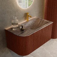 KURVE-DLUX 85cm badmöbel kurve Links farbe Ruby mit 1 schublade und 1 tür. Einbauwaschbecken CLOUD Rechts 1 hahnloch Oza.