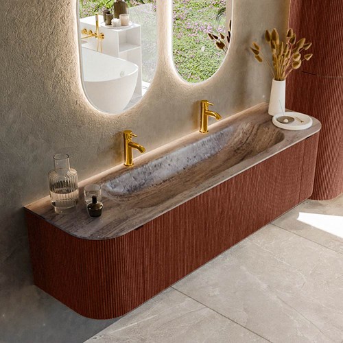 KURVE-DLUX 170cm meubles de salle de bains courbe Gauche + Droite couleur Ruby avec 1 tiroir et 2 portes. Lavabo BIG LARGE Centrée 2 trous robinetterie, couleur Oza.