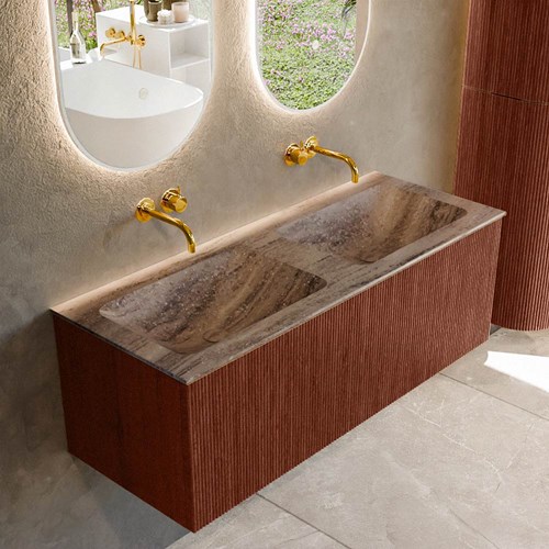 KURVE-DLUX 120cm bathroom vanity set color Ruby with 1 drawer and 0 doors. Vanity top LEAF Double without tab hole, color Oza.