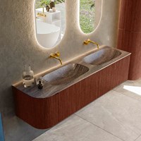 KURVE-DLUX 165cm meubles de salle de bains courbe Gauche couleur Ruby avec 2 tiroirs et 1 porte. Lavabo STOR SMALL Double / Droite sans trou pour robinet, couleur Oza.
