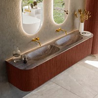 KURVE-DLUX 190cm mueble de baño curva Izquierda + Derecha color Ruby con 2 cajones y 2 puertas. Lavabo STOR SMALL Doble sin orificio Oza.