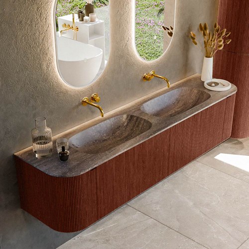KURVE-DLUX 190cm mueble de baño curva Izquierda + Derecha color Ruby con 2 cajones y 2 puertas. Lavabo STOR SMALL Doble sin orificio Oza.