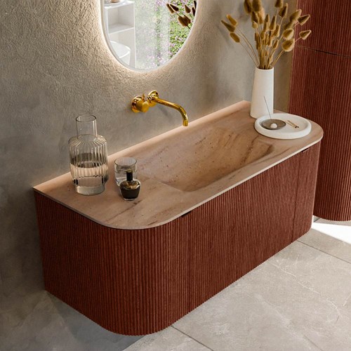 KURVE-DLUX 110cm badmeubel ronding Links + Rechts kleur Ruby met 1 lade en 2 deuren. Wastafel CLOUD Midden zonder kraangat Saba.