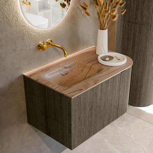 KURVE-DLUX 75cm meubles de salle de bains courbe Droite couleur Shadow avec 1 tiroir et 1 porte. Lavabo GRUNNE Gauche sans trou pour robinet, couleur Arena.