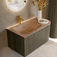 KURVE-DLUX 85cm mueble de baño curva Derecha color Shadow con 1 cajón y 1 puerta. Lavabo CLOUD Izquierda 1 orificio Arena.